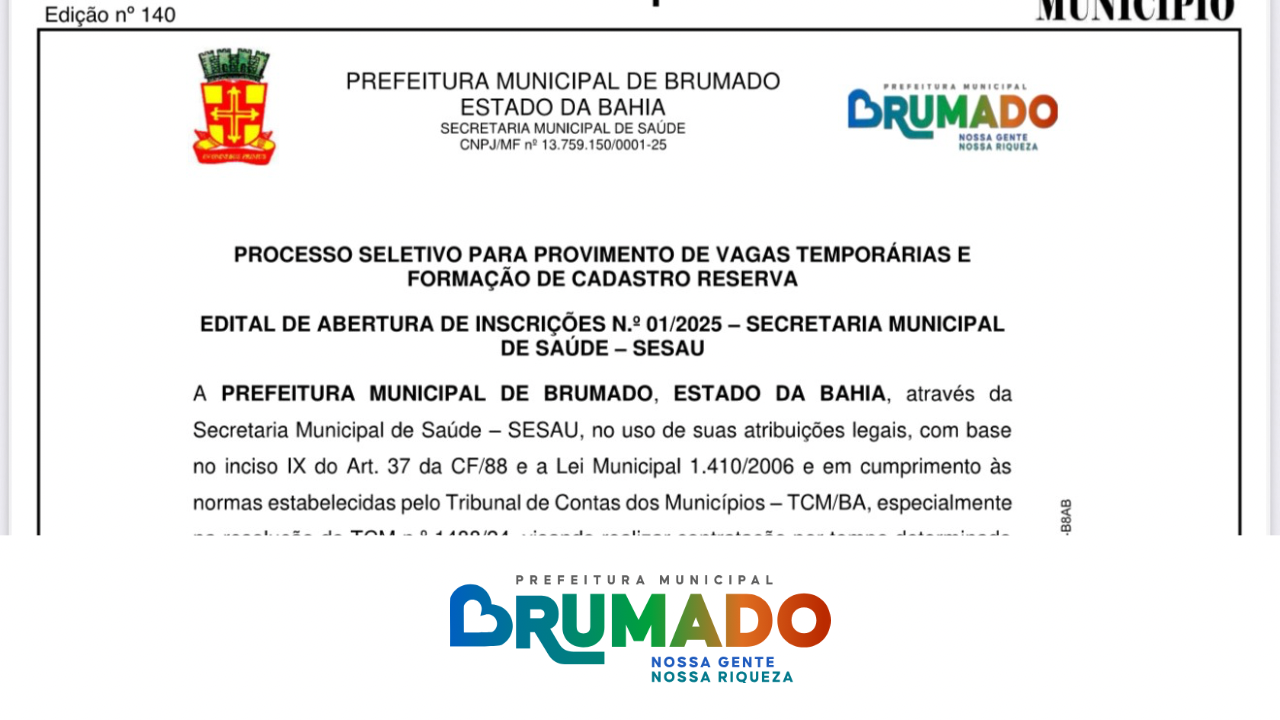 Prefeitura de Brumado abre processo seletivo REDA para diversas áreas da Saúde