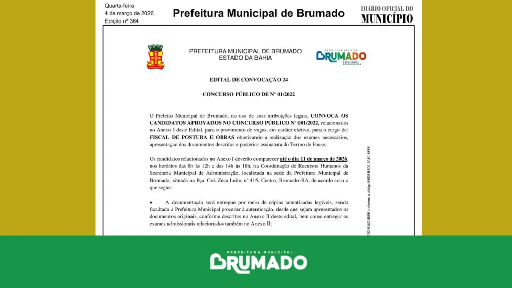 Prefeitura de Brumado convoca aprovados em concurso para vagas de Fiscal de Postura e Obras