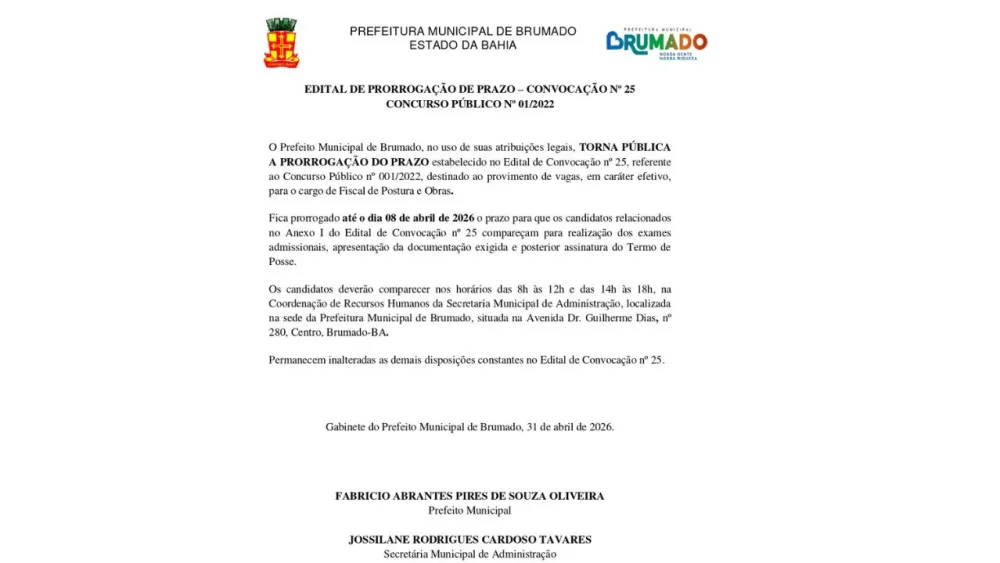Prefeitura de Brumado prorroga prazo de convocação dos aprovados em concurso para vagas de Fiscal de Postura e Obras 