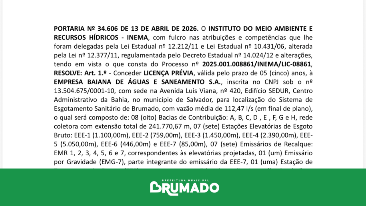 Maior obra de saneamento da história de Brumado recebe licença ambiental e segue para próxima etapa