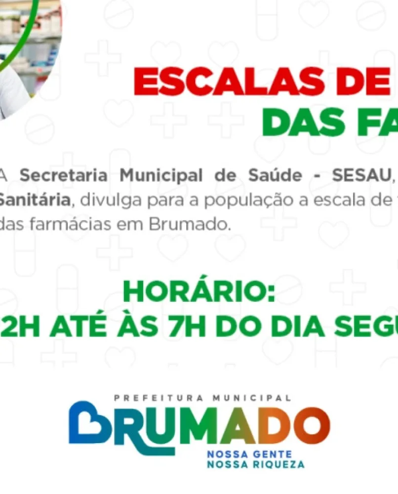 Escala de plantão noturno das farmácias para o mês de julho