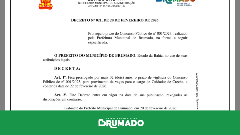 Prefeitura de Brumado prorroga validade do Concurso Público 001/2023 para convocação de cuidadores de creche até fevereiro de 2028