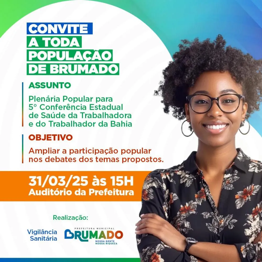 CONVITE: Brumado realizará Plenária Popular para a 5ª Conferência Estadual de Saúde da Trabalhadora e do Trabalhador da Bahia