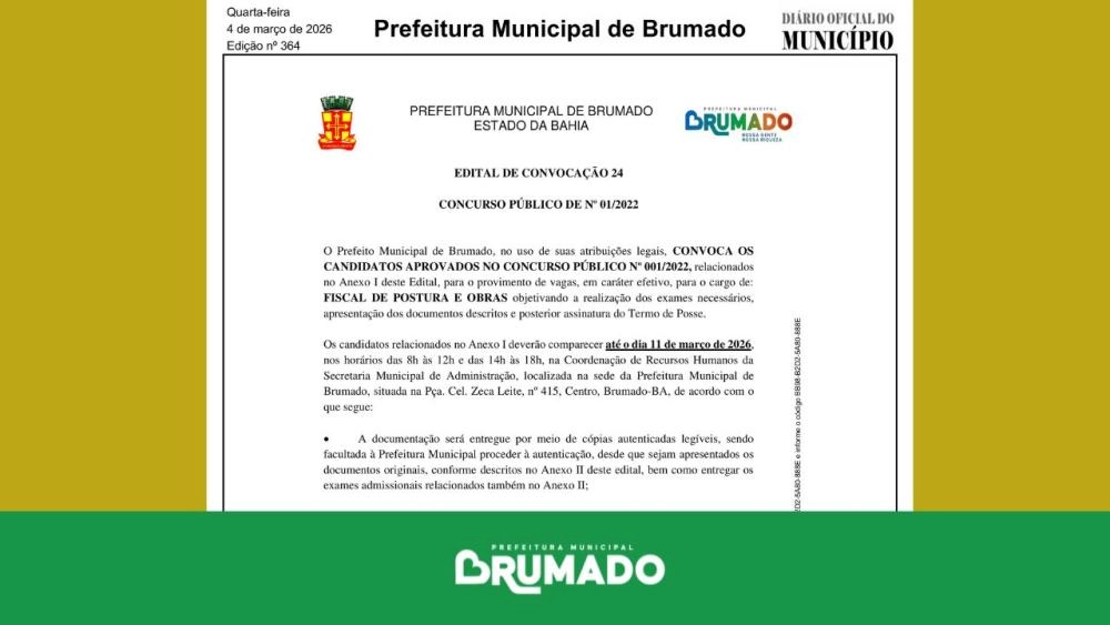 Prefeitura de Brumado convoca aprovados em concurso para vagas de Fiscal de Postura e Obras