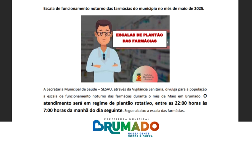 Prefeitura de Brumado divulga escala de farmácias de plantão para maio de 2025