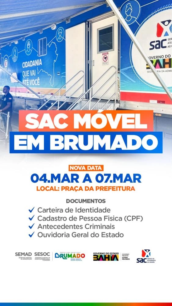 SAC Móvel desembarca em Brumado no dia 4 de março com emissão da nova CIN e serviços estaduais