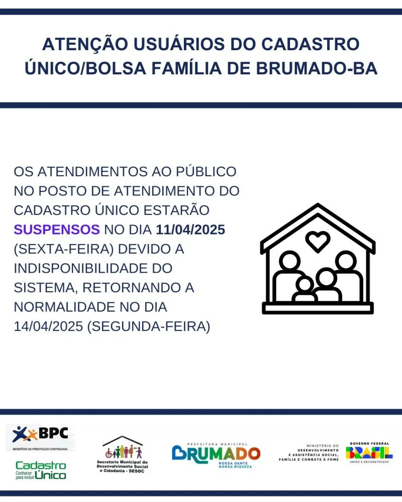 Atendimento do Cadastro Único será suspenso temporariamente nesta sexta-feira (11) em Brumado