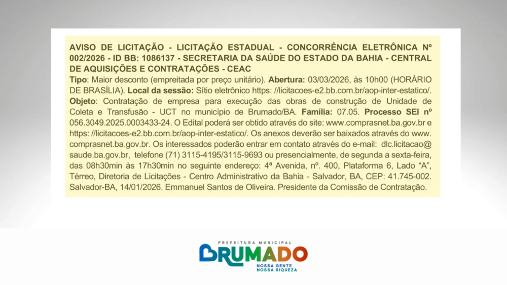 Estado publica licitação para novo HEMOBA em Brumado