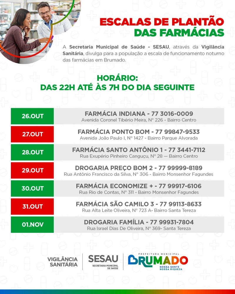 Confira a escala de plantão noturno das farmácias para o mês de novembro
