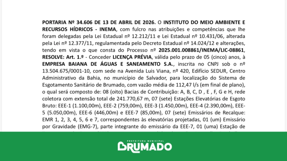 Maior obra de saneamento da história de Brumado recebe licença ambiental e segue para próxima etapa