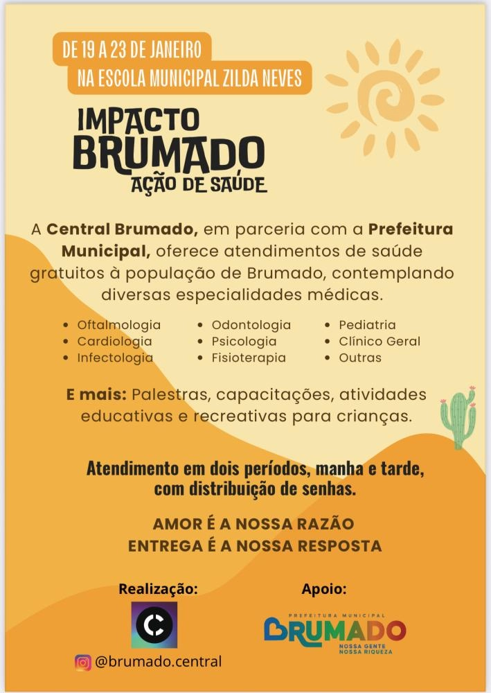 Ação “Impacto Brumado” oferecerá atendimentos de saúde gratuitos à população de 19 a 23 de janeiro