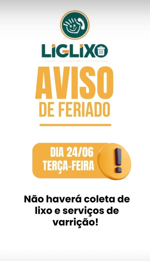 Coleta de lixo e varrição terão alterações no funcionamento devido ao feriado do dia 24 de junho