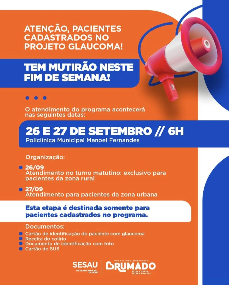Mutirão do Projeto Glaucoma será realizado nos dias 26 e 27 na Policlínica Municipal Manoel Fernandes