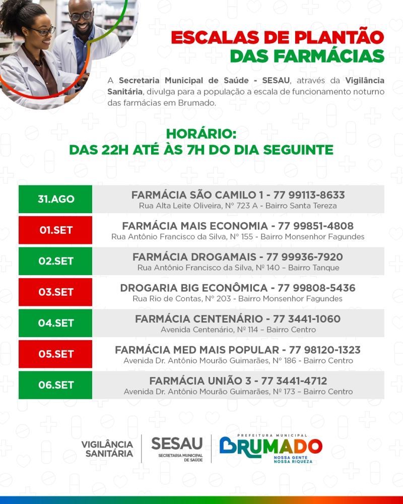 Escala de plantão noturno das farmácias em setembro