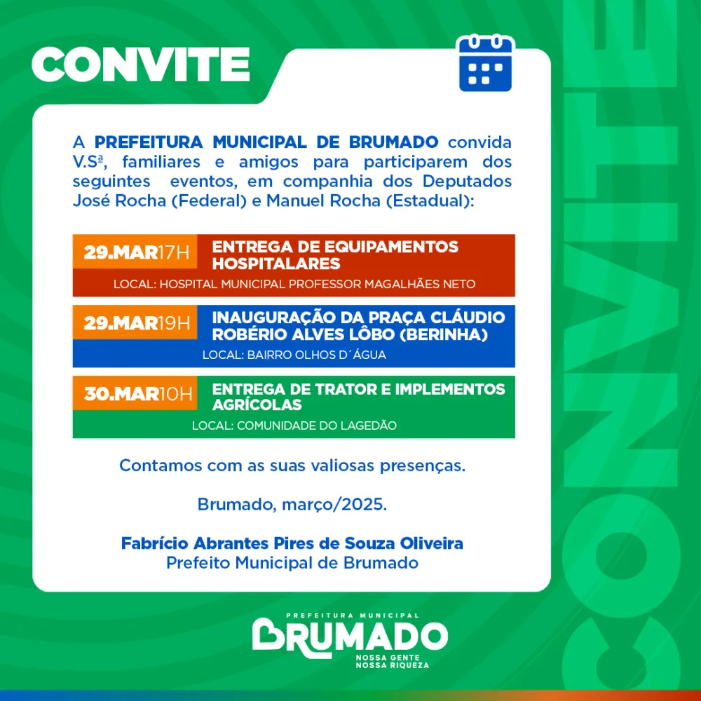 Prefeitura de Brumado convida população para entregas e inaugurações neste fim de semana