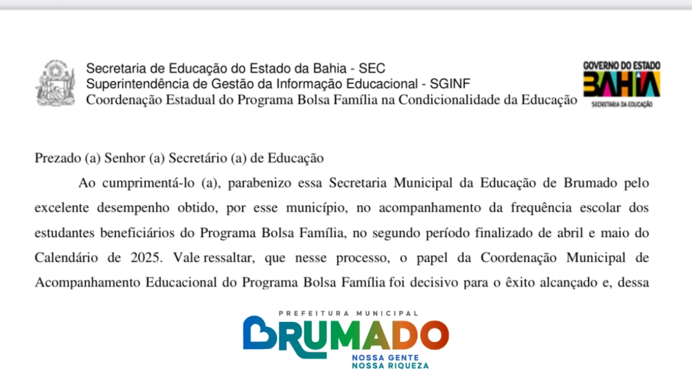 Brumado alcança 94% de frequência escolar entre alunos do Bolsa Família e é parabenizada pelo Governo do Estado